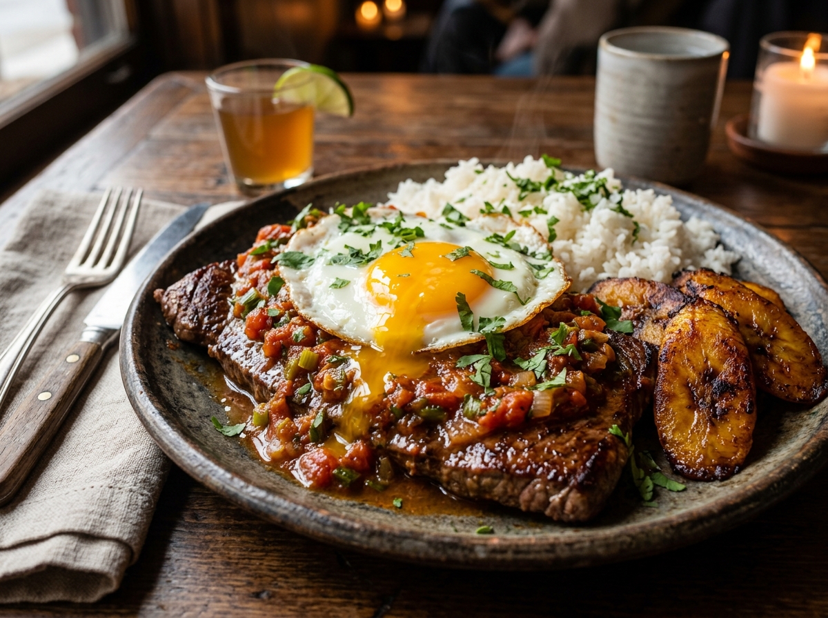Bistec a Caballo Tradicional con Hogao Casero y Huevo Frito