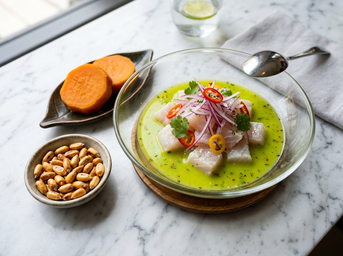 Ceviche de Pescado Blanco en Leche de Tigre Criolla Cítrica