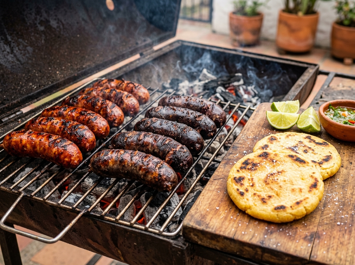 Chorizos Artesanales Parrilleros al Carbón con Arepa y Limón