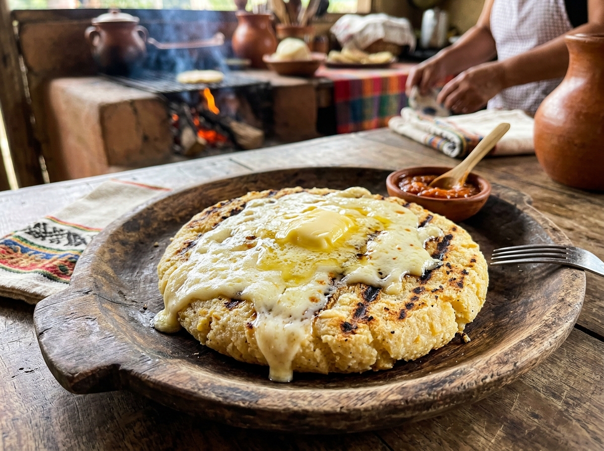 Arepas paisas de maíz blanco, hogao caliente y guacamole rústico.