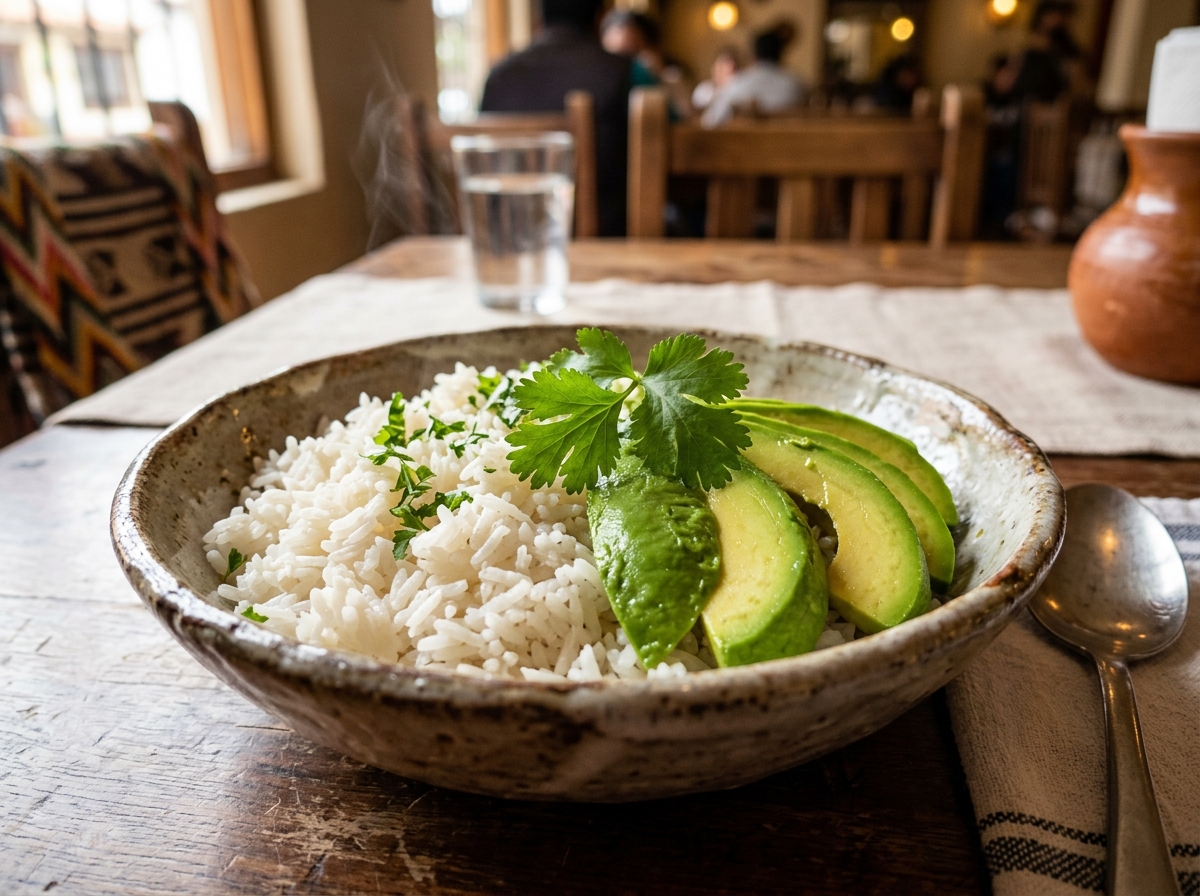 Arroz blanco suelto y tajada de aguacate hass.