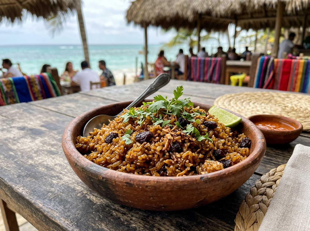 Arroz con coco titoté tradicional y patacones crocantes de plátano verde.