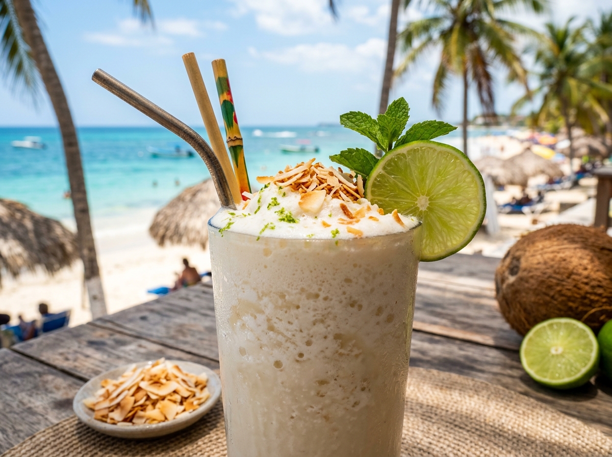 Limonada de coco frappé o copa de vino blanco Sauvignon Blanc.