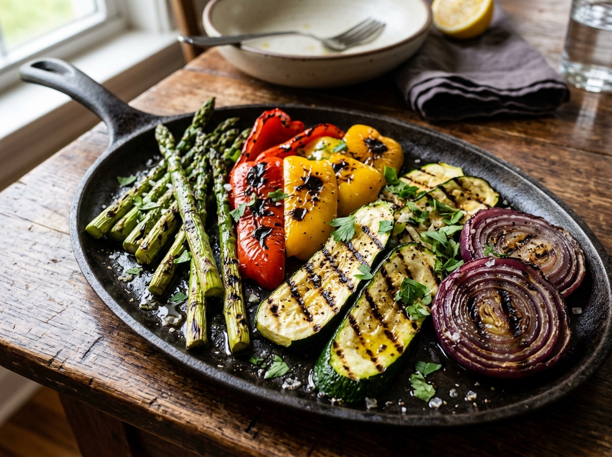 Papas asadas al plomo con sour cream y vegetales parrillados.