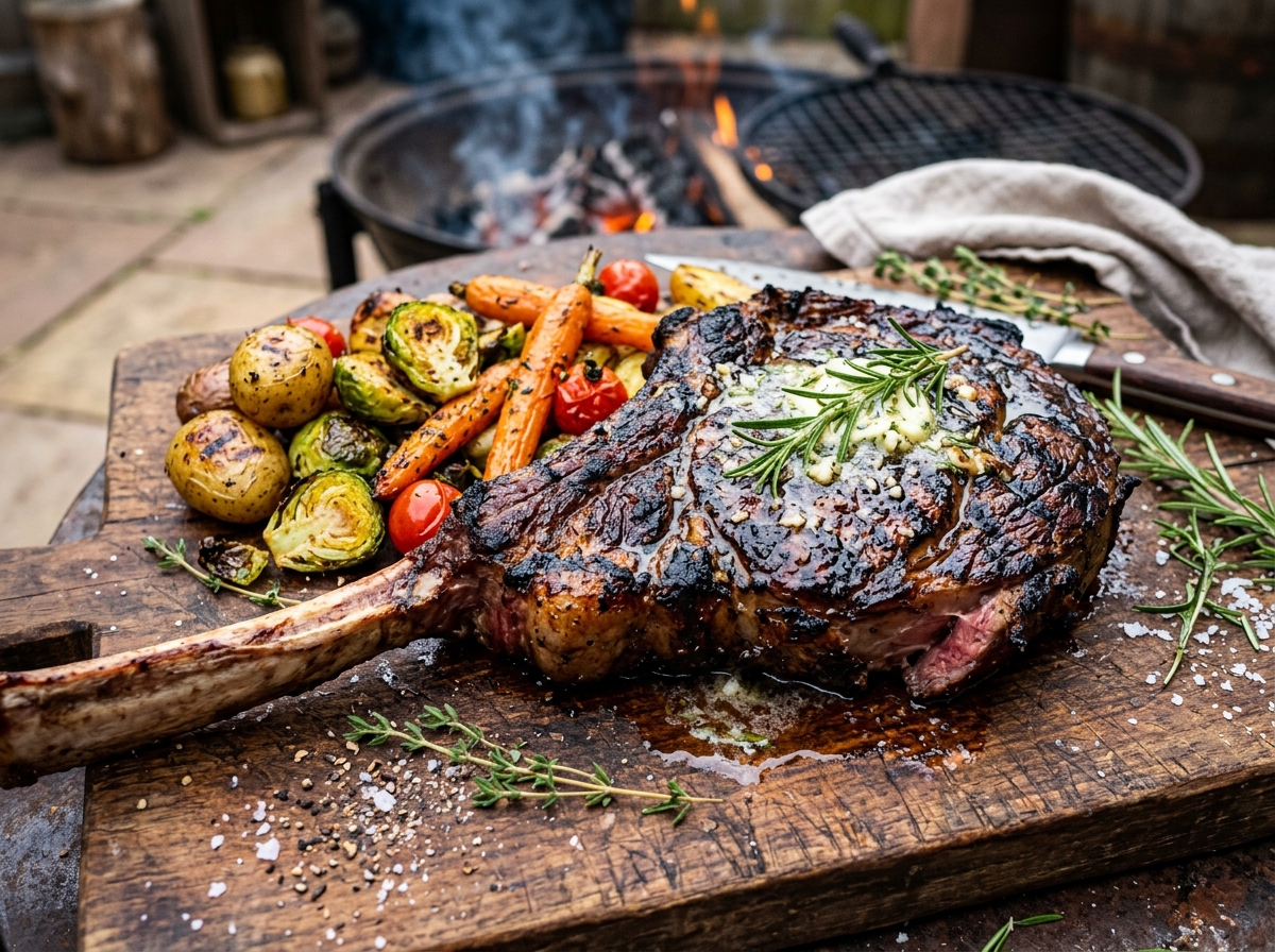 Tomahawk Steak a la Brasa con Mantequilla de Romero y Ajo